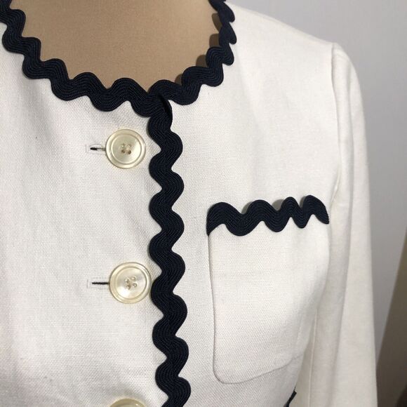 J Crew Linen Jacket Womens 2 White Blue Blazer Ric Rac Trim Career Office - Picture 4 of 15